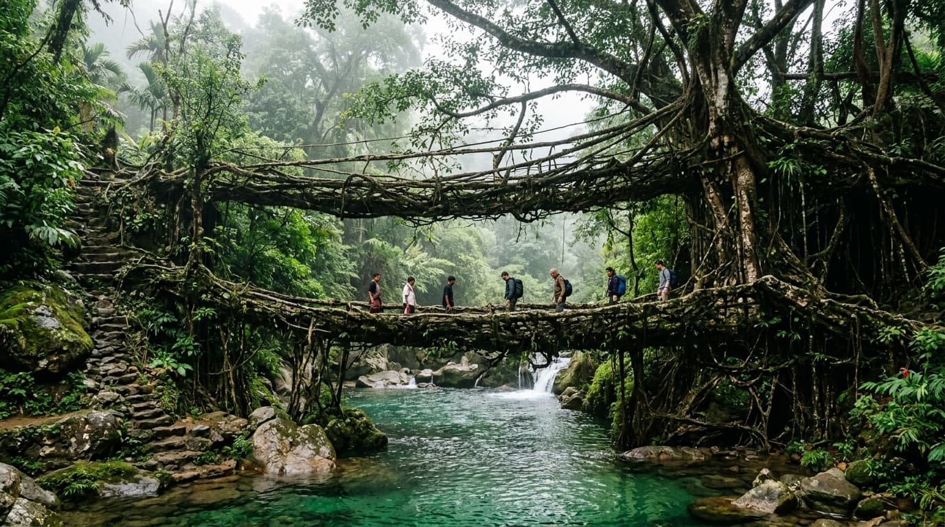 Double Decker Living Root Bridge & Rainbow Falls Trek